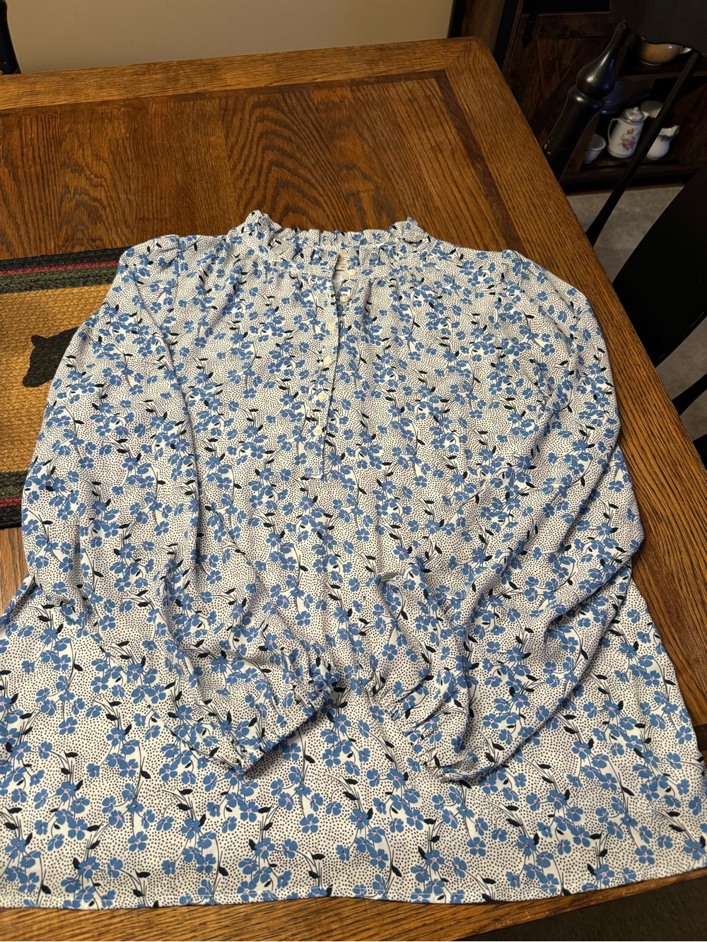LOFT White Blouse with Blue Floral Pattern
